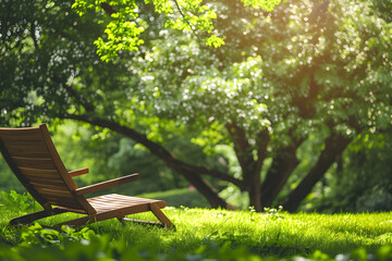 Naklejka premium Wooden lounge chair in a sunlit forest clearing