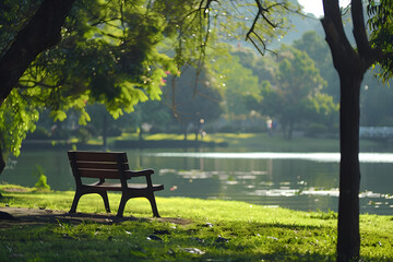 Tranquil park bench by a lake shaded by lush trees in daylight