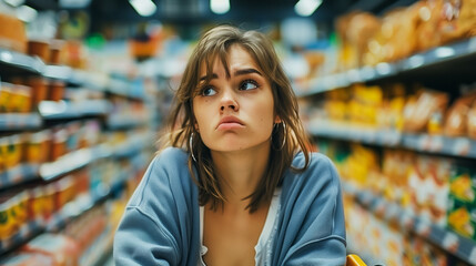 Worried young woman pushing a shopping cart at a supermarket aisle.