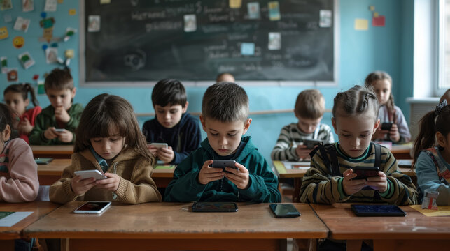 Children Engrossed in Smartphones in a Modern Classroom with a Neglected Chalkboard