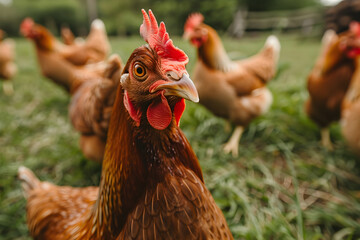 Brown сhickens graze on fresh green grass in garden on farm. Poultry grazing on farmland. Agriculture industry and livestock husbandry. Design for banner, poster with copy space