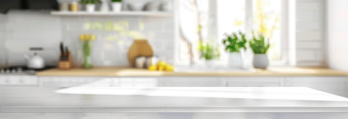 An empty kitchen counter with a modern and clean design, sunny window in the background, space for display.