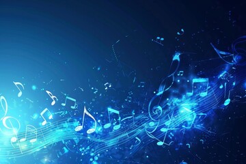 blue background with musical notes and music staff, music elements, abstract blue gradient Generative AI