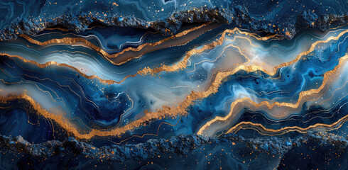 Blue and Gold artistic agate surface with swirling patterns of blue, white, gray, brown, orange, yellow and gold in the style of various artists. Created with Ai