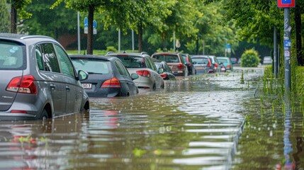 a colossal rainstorm, with the park parking lot transformed into a submerged landscape, cars engulfed up to their windows, amidst the stormy summer weather.