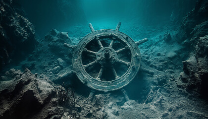 Ship's wheel from the wrecked ship underwater still life. Main ship's thing from middle aged ship covered with shellfishes and long time. Scuba diving, magic historical masterpieces concept image.
