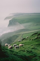 Obraz premium Herd of Sheep Standing on Top of Lush Green Hillside