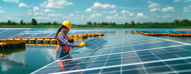 Banner of black female worker checking photovoltaic module in floating solar panel platform on water