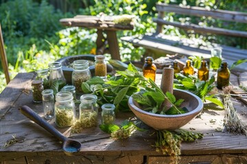 Herbalist's Workshop with Mortar and Dried Herbs