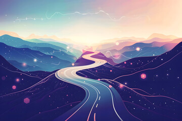 road winding through a digital landscape with pink and purple tones, starry sky
