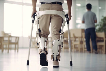Obraz premium Legs of disable man in the robotic exoskeleton walking through the corridor of the rehabilitation clinic