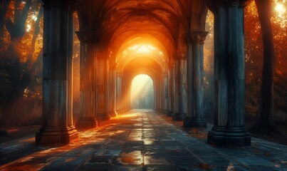 Fototapeta premium Autumn Sunrise in Arched Corridor.