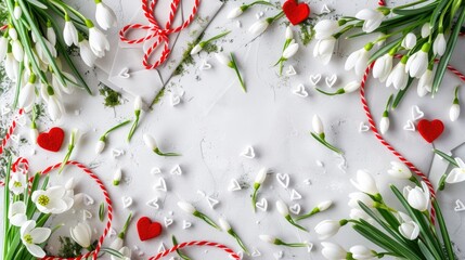 an envelope adorned with delicate snowdrops, tied with red and white string, accompanied by heart-shaped decorations against a pristine white backdrop.