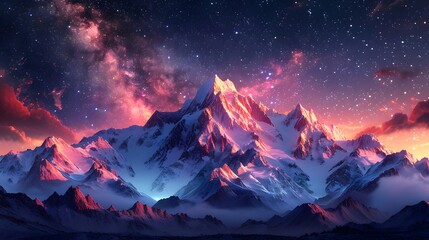 illustration of a mountain range under a starry night sky. The Milky Way stretches across the horizon, and twinkling stars illuminate the snow