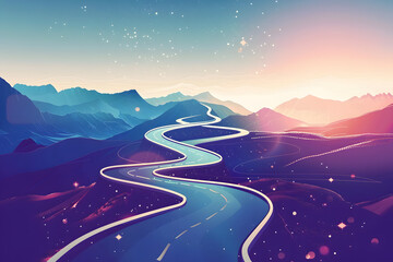 illustration of a winding road through colorful mountainous landscape under starry skies