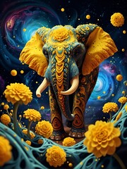 Elephant at night. Galaxy background AND flowers.