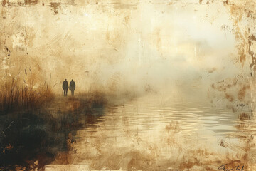 A watercolor grunge background with a river, fog and two people walking in the distance. Created with Ai