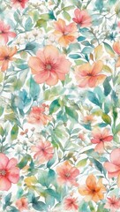 Seamless Endless Hand Drawn Watercolor Abstract Floral and Small Flowers Leaves Pattern Isolated Background
