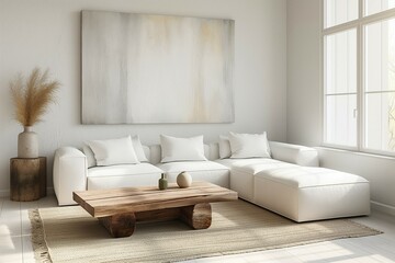 Living Room with Large White Sectional Sofa, Coffee Table, and Decorative Items, Enhanced by Large Window and Cream-Colored Rug