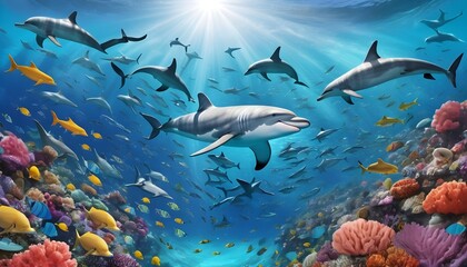Fototapeta premium world oceans day with a view of ocean including fishes shark fishes and whales along sunrays and clouds