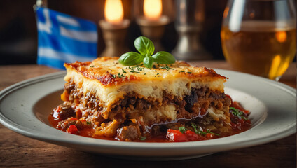 Moussaka on a table in a tavern