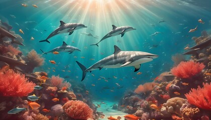 Naklejka premium world oceans day with a view of ocean including fishes shark fishes and whales along sunrays and clouds