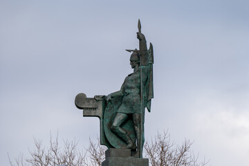 Bronze Sculpture of Ingólfur Arnarson with Odin Yggdrasil and Dragon at Arnarhóll in Reykjavik...