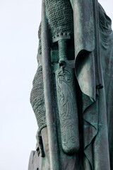 Sword Detail of the Bronze Sculpture of Ingólfur Arnarson with Odin Yggdrasil and Dragon at...