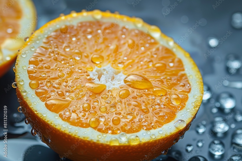 Poster close-up image capturing the vibrant color and texture of a fresh orange slice sprinkled with water 