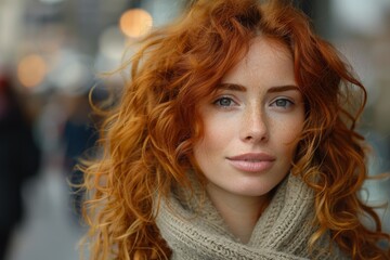 Vibrant curly red hair falls over a beige turtleneck sweater, with the face obscured