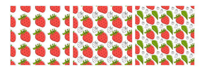 Seamless Red Strawberry patterns. Set of three patterns. Simple minimal style. Vector red sweet juicy berries. Summer tropical prints for textile, wallpaper, packing, wrapping, cover design