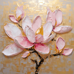 Oil painting of pink magnolia flowers bouquet on gold foil background, impasto oil illustration. Woman's day and Mothers day concept, art for design poster, greeting card, banner, wedding invitation 