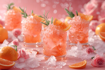 Fototapeta premium Fresh summer drinks cocktails with berries, fruits, ice and frost on glasses. Vacation open beach bar concept.