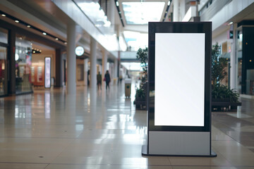 In the central aisle of the shopping center there is a vertical, illuminated lightbox advertisement with a blank digital screen. A white, clean poster is the perfect background for any advertisement.