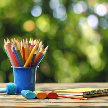 Pupitre escolar con accesorios escolares sobre un fondo borroso de escuela