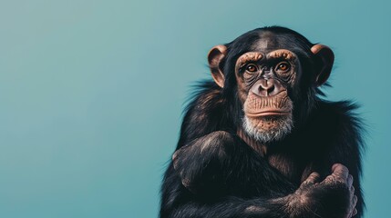 A close-up portrait of a chimpanzee looking at the camera with a serious expression on its face.