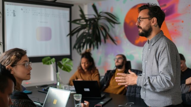 A creative director presenting a new company logo to the team, projecting it on the wall during a creative workshop.
