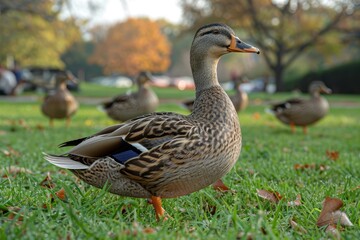 A duck is seen standing on grass with autumn foliage in the background, captured within a park setting