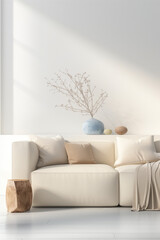 Elegant living room in Scandinavian style. A light sofa with a blanket and pillows, a floor lamp and flowers in a vase.