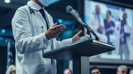 A healthcare professional at a podium discussing recent medical advancements at a large industry conference.