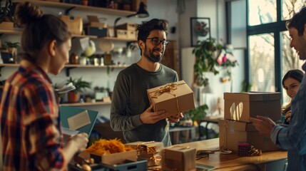 A heartfelt moment in a creative workspace as employees present handmade gifts to celebrate a colleague's promotion.