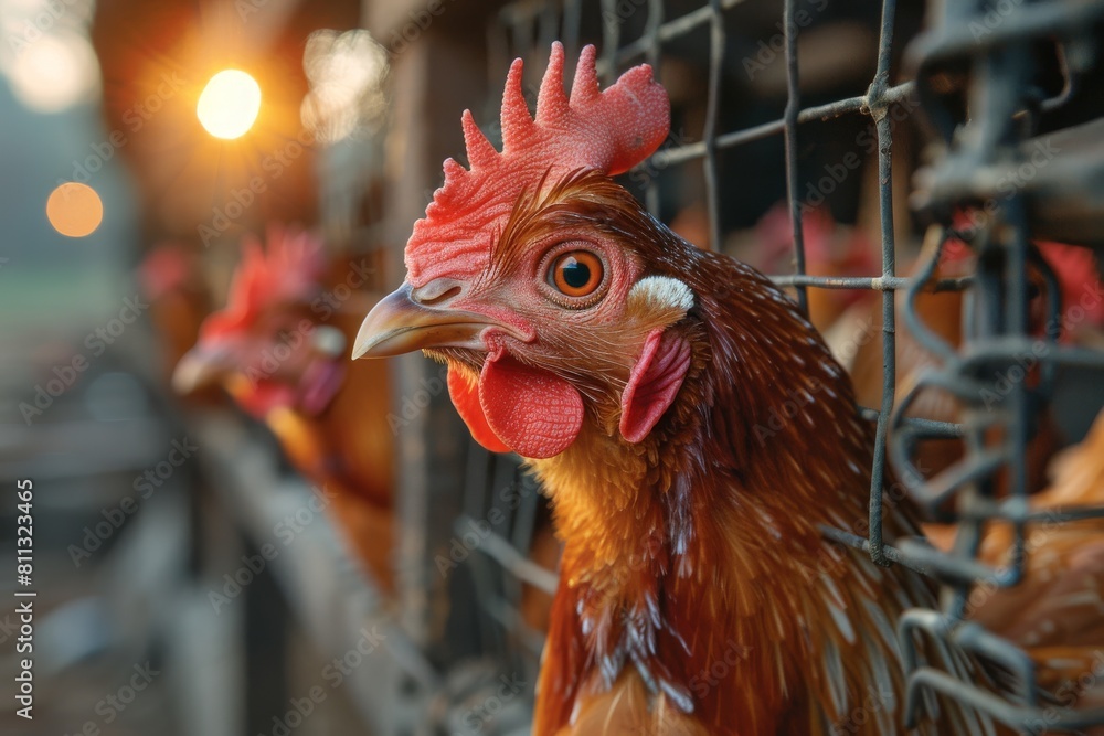 Poster a vibrant close-up capturing the detailed features of a chicken behind the wire mesh of a coop with 