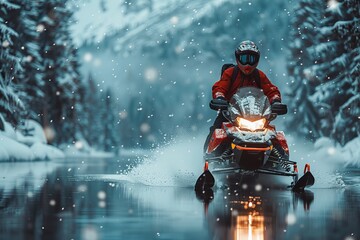 A snowmobiler in motion, cutting through fresh snow in a picturesque winter forest, creates a sense of adventure and the thrill of extreme sports