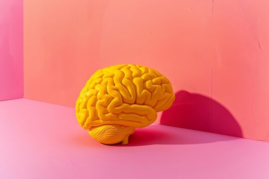 Bold yellow brain in a pastel pink environment