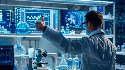 A scientist giving a thumbs up in front of a lab setup displaying successful experiment results.