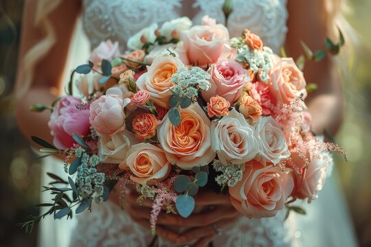 A bride's hands delicately hold a lush bouquet of roses and other flowers on her wedding day