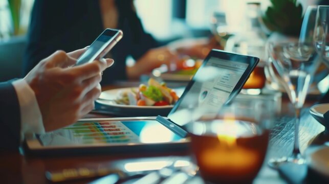A business lunch where a team is actively discussing project plans, using tablets and smartphones to reference data.