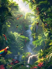 Lush Tropical Jungle Waterfall with Vibrant Macaw Parrots in a Serene and Secluded Oasis
