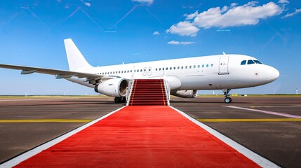 an airplane with a vibrant red carpet and extended stairs awaits passengers against the backdrop of an airport runway, evoking the glamour of air travel.