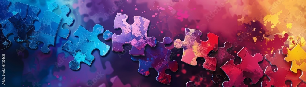 Poster design a banner with a header showcasing connecting jigsaw puzzle pieces and ample copy space